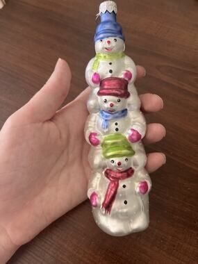 Vintage Snowman Totem Pole Hand Blown Glass Poland Stacked Snowmen